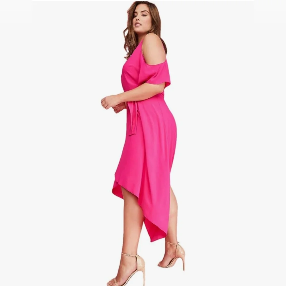 Lane Bryant cold shoulder dress sz 20 pink shark bite hem tie belt NWT - Picture 8 of 15